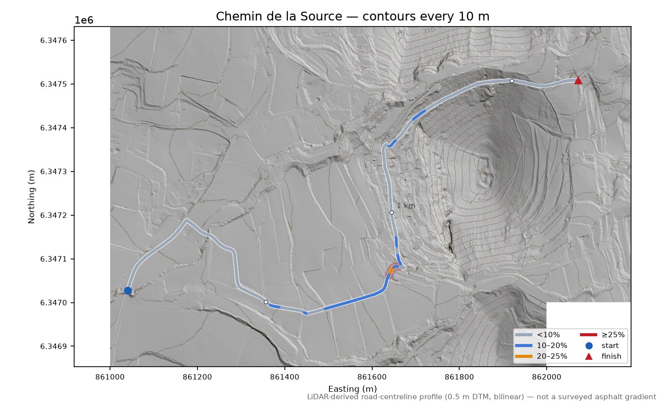 Chemin de la Source LiDAR hillshade map with contours