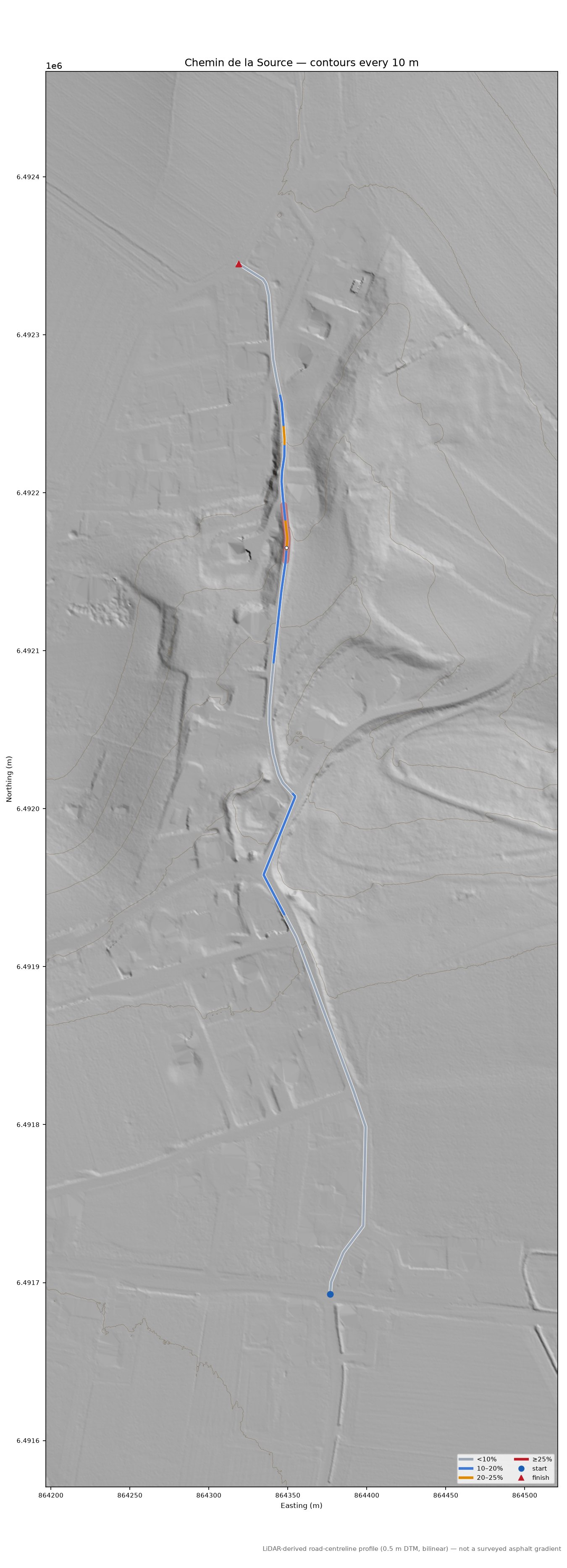 Chemin de la Source LiDAR hillshade map with contours