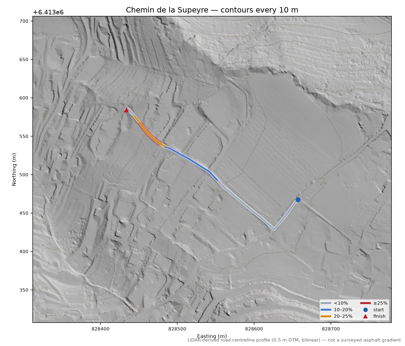 Chemin de la Supeyre LiDAR hillshade map with contours