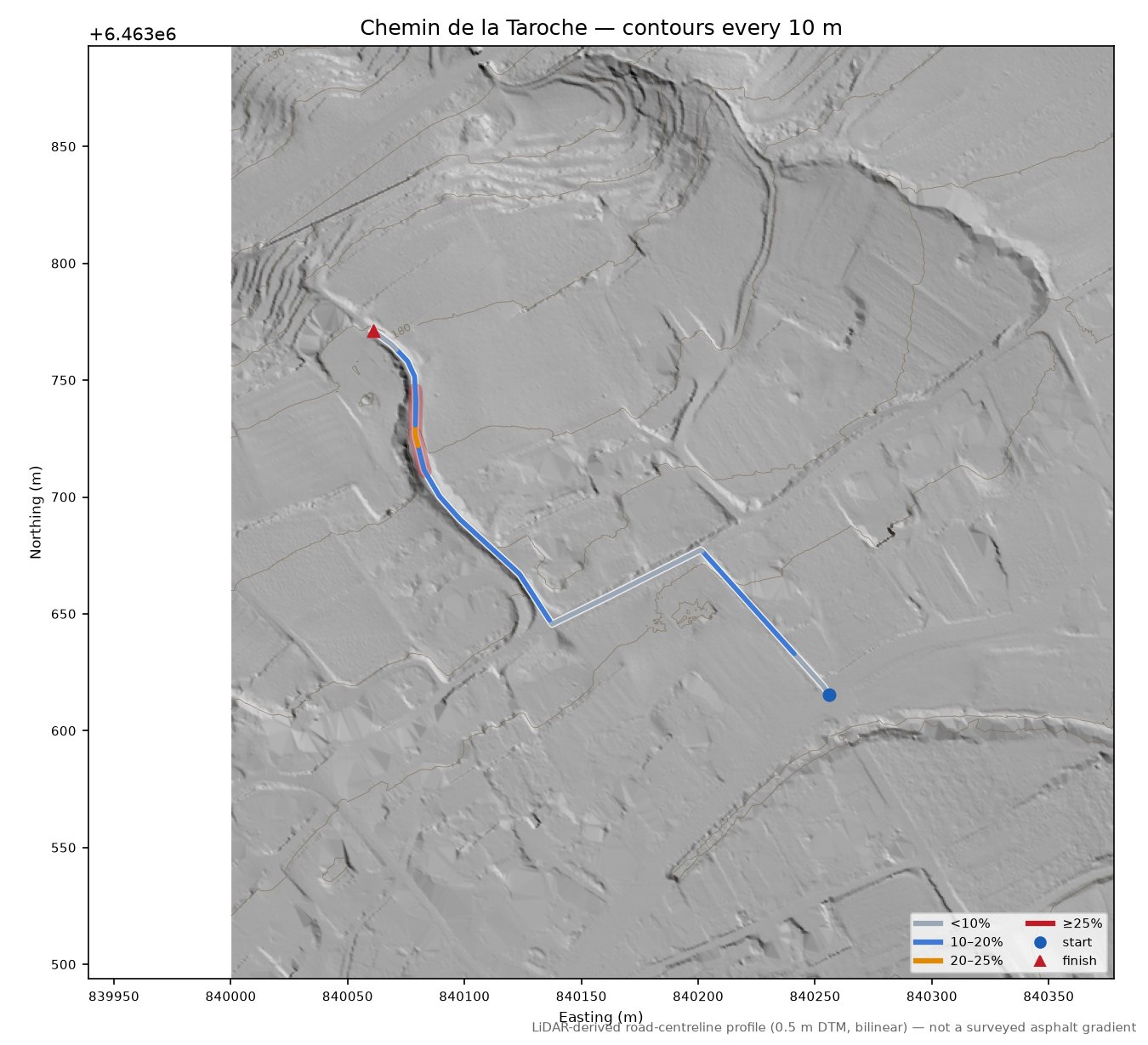 Chemin de la Taroche LiDAR hillshade map with contours