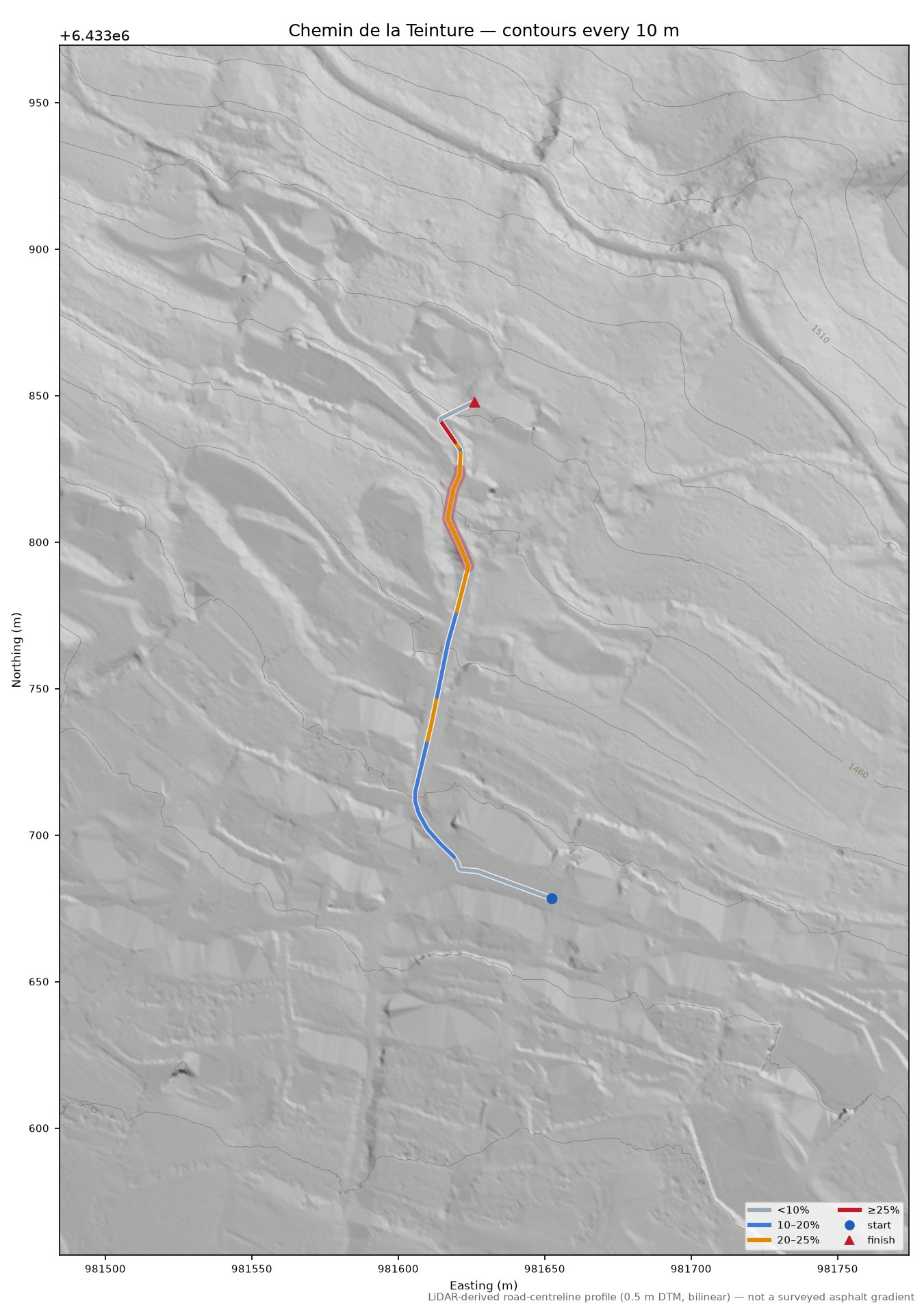 Chemin de la Teinture LiDAR hillshade map with contours