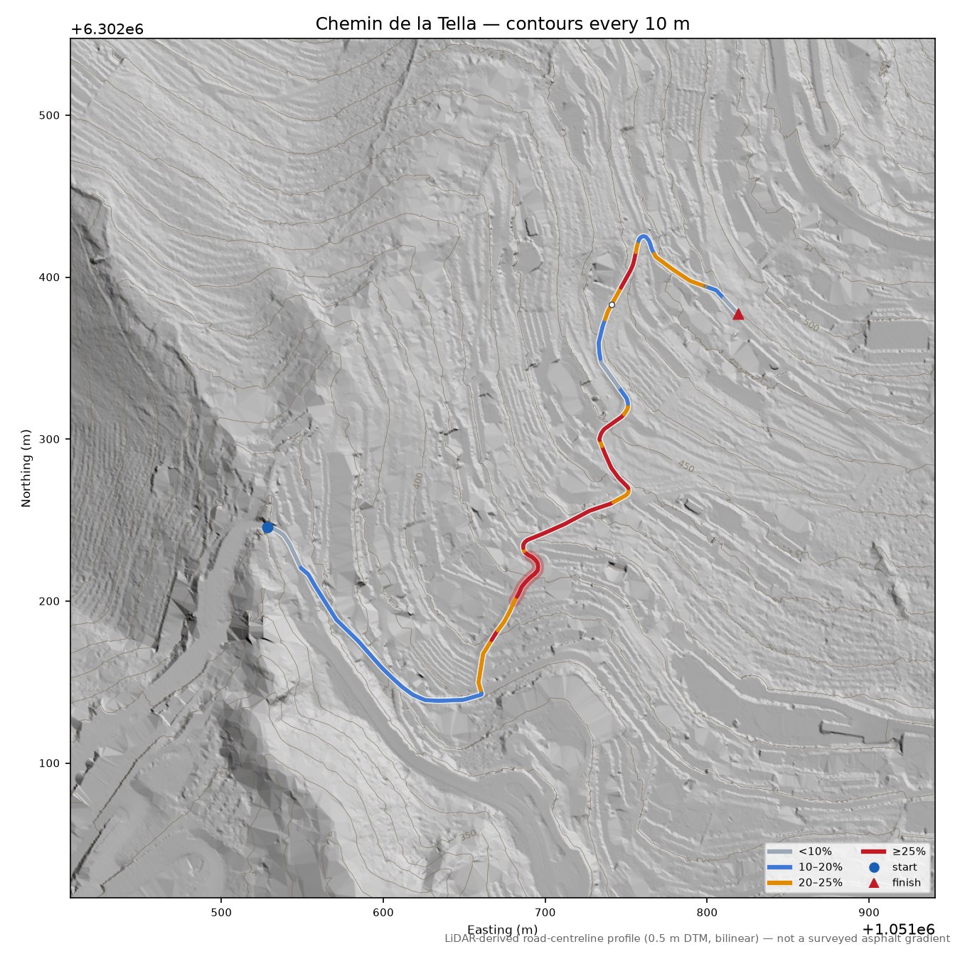 Chemin de la Tella LiDAR hillshade map with contours