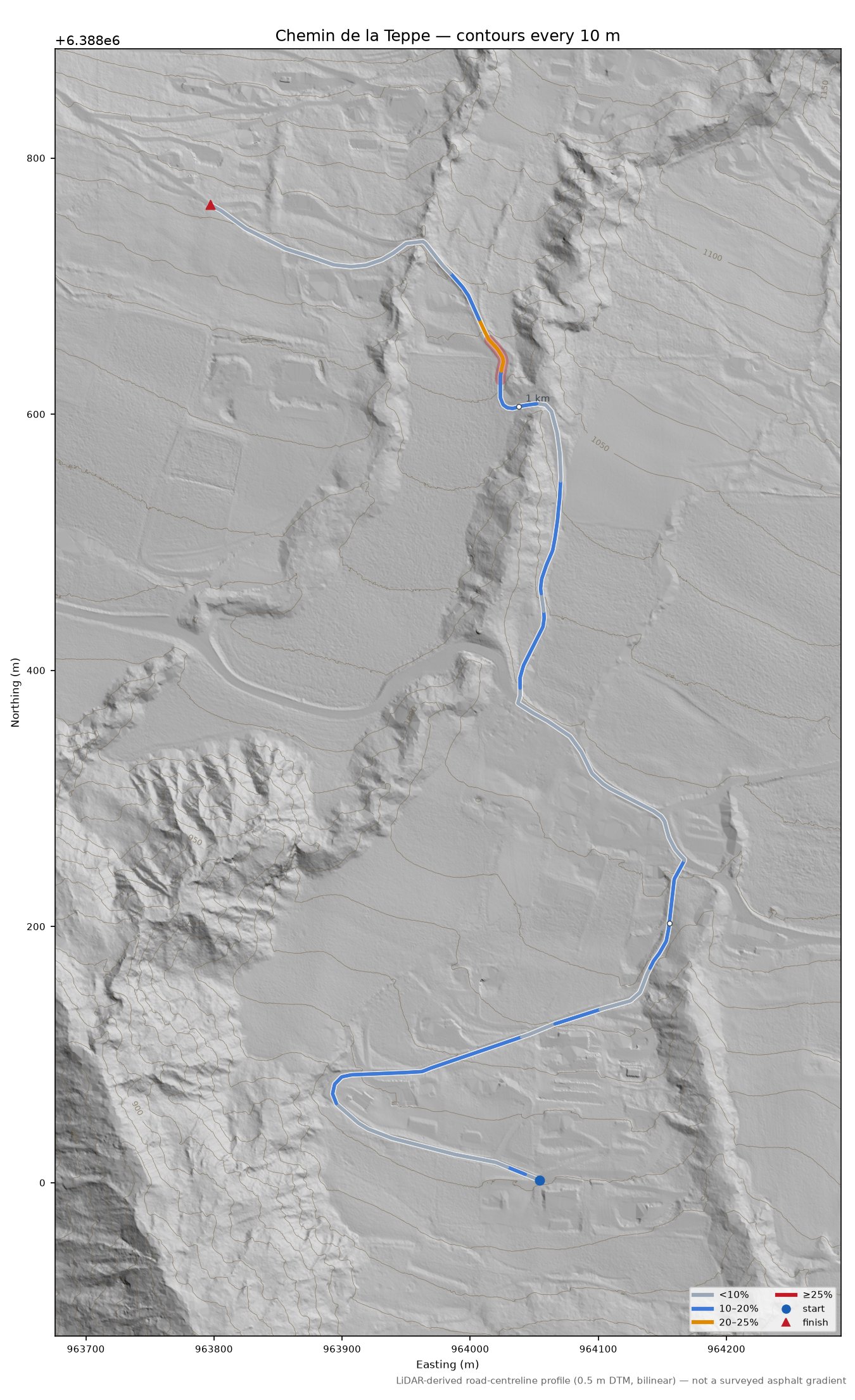 Chemin de la Teppe LiDAR hillshade map with contours