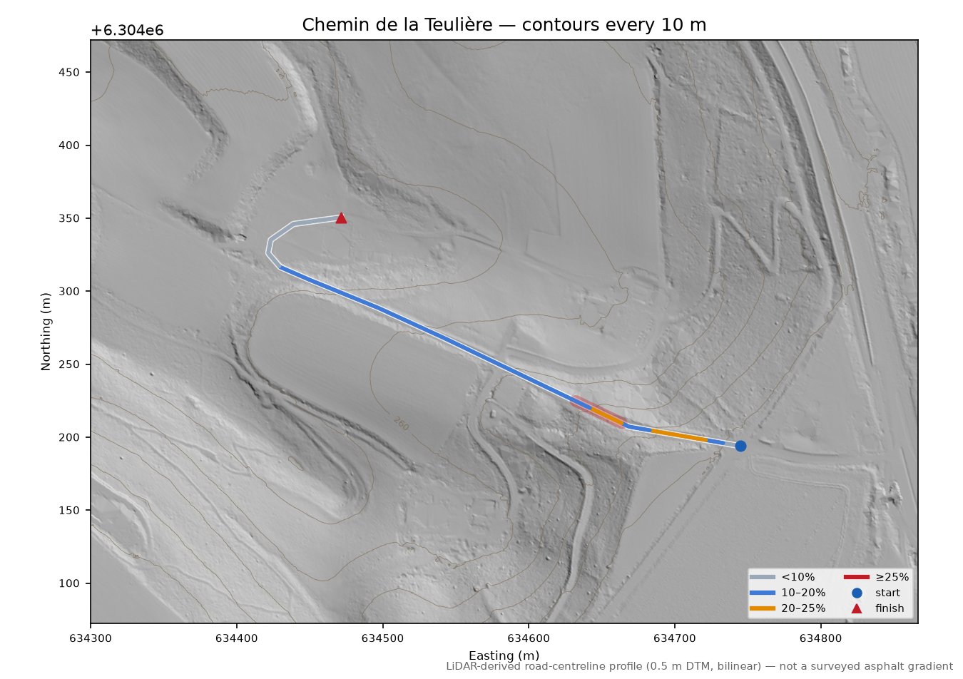 Chemin de la Teulière LiDAR hillshade map with contours