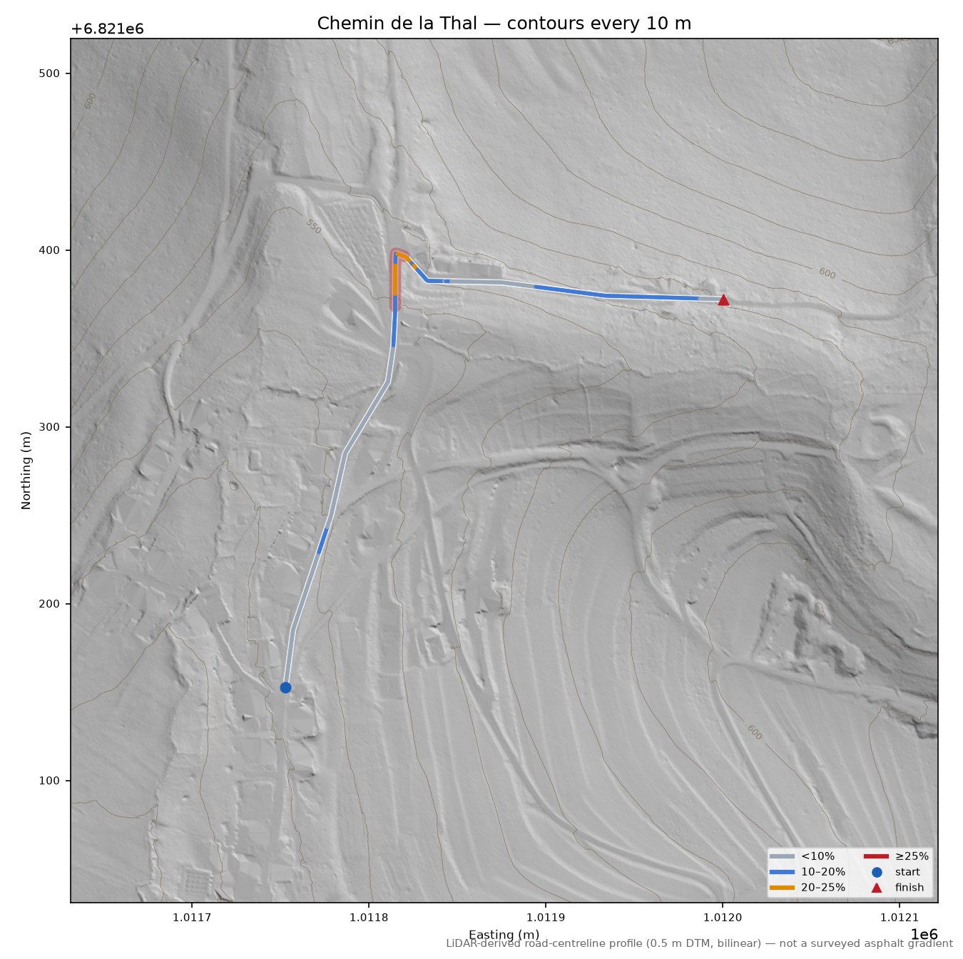 Chemin de la Thal LiDAR hillshade map with contours