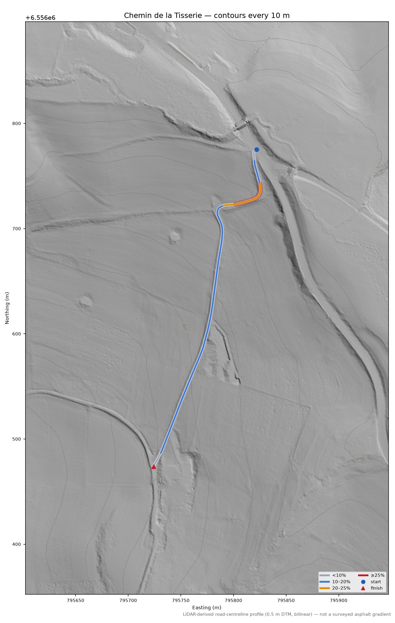 Chemin de la Tisserie LiDAR hillshade map with contours