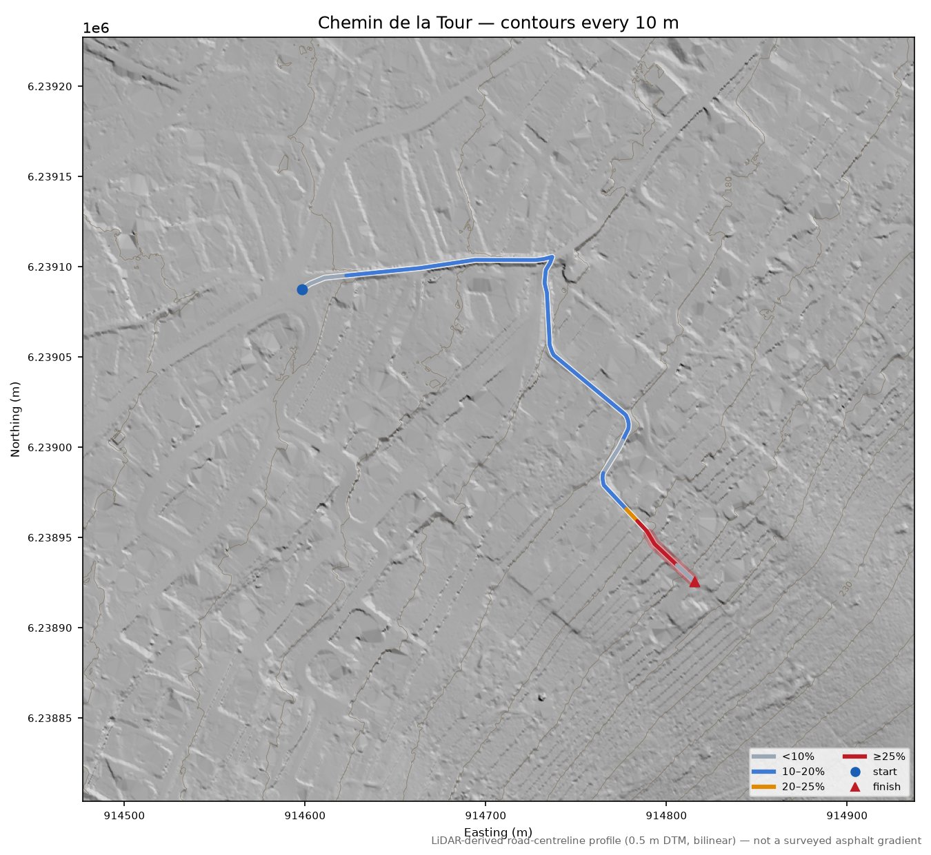 Chemin de la Tour LiDAR hillshade map with contours