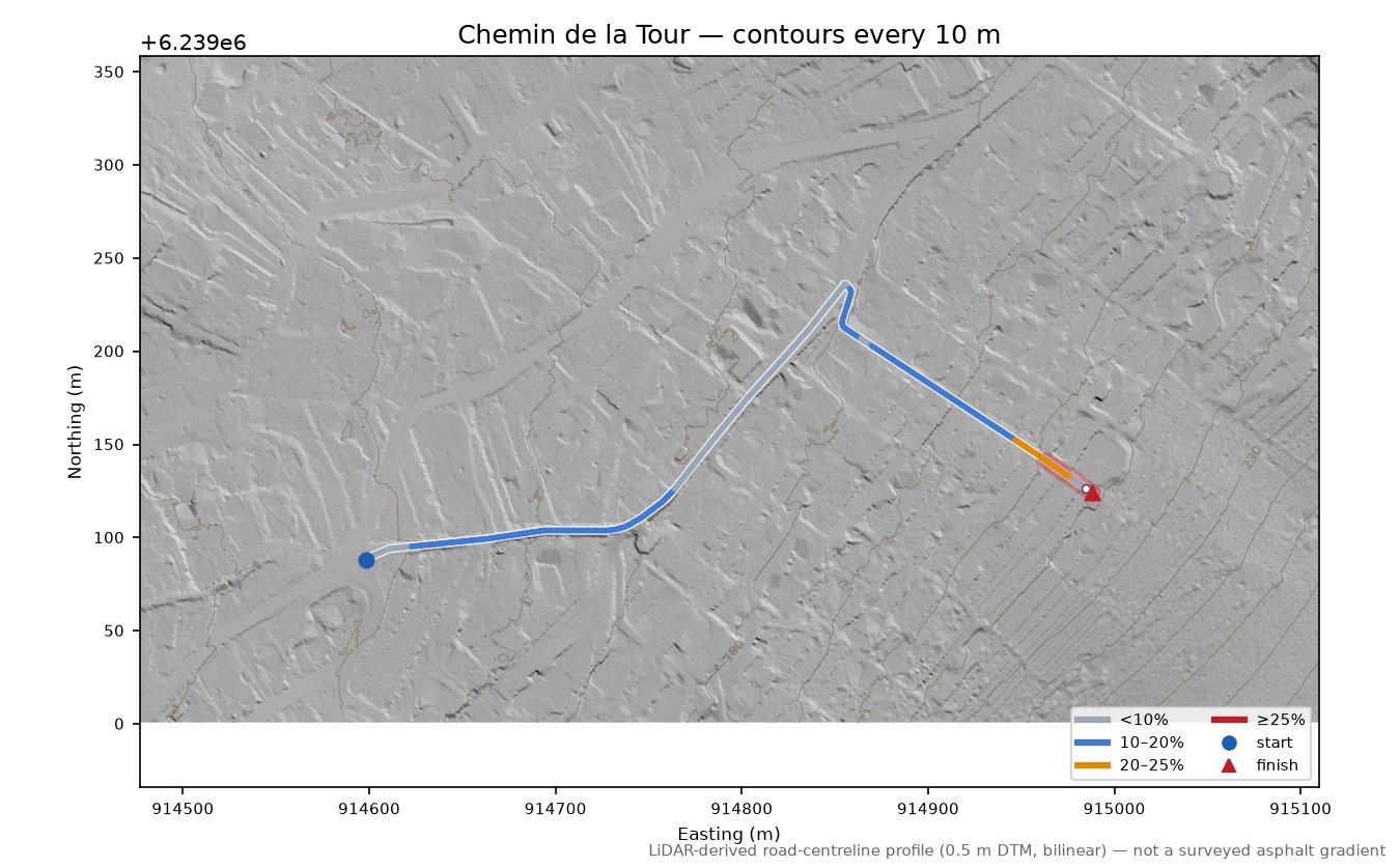 Chemin de la Tour LiDAR hillshade map with contours