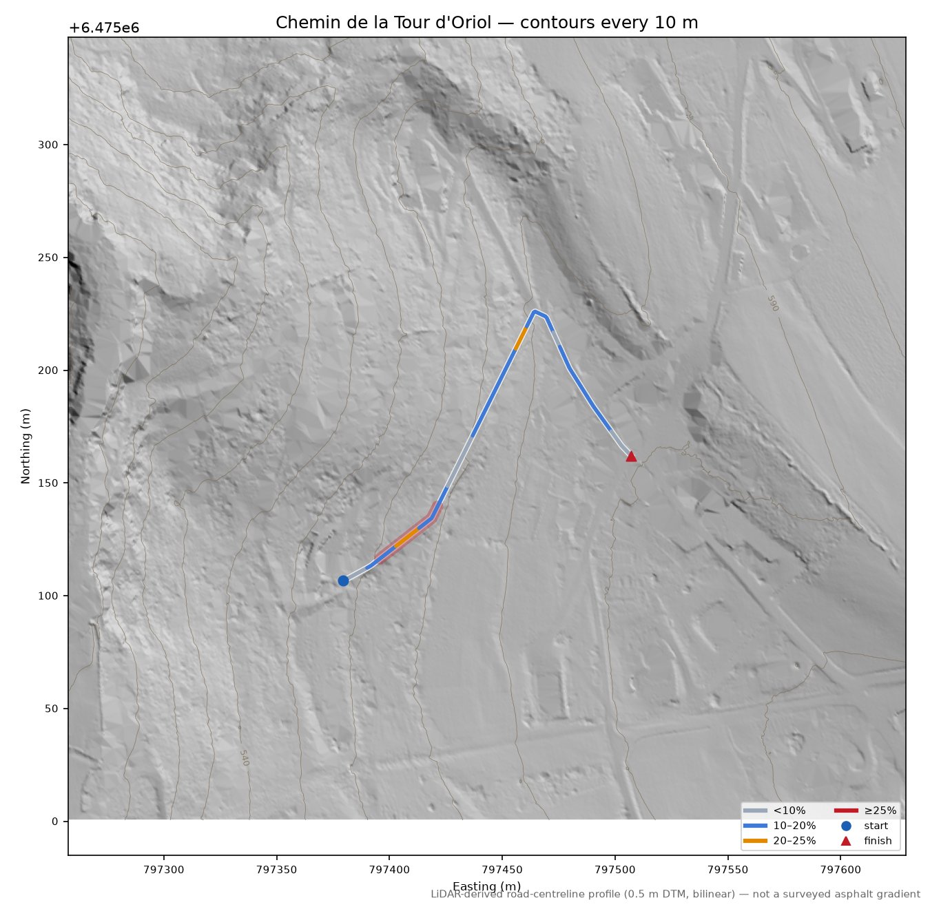 Chemin de la Tour d'Oriol LiDAR hillshade map with contours
