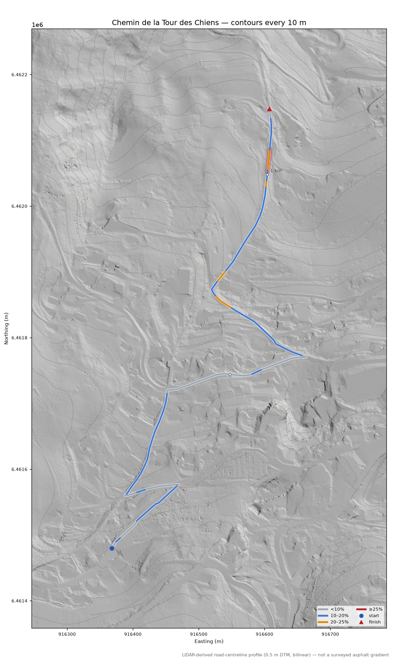 Chemin de la Tour des Chiens LiDAR hillshade map with contours
