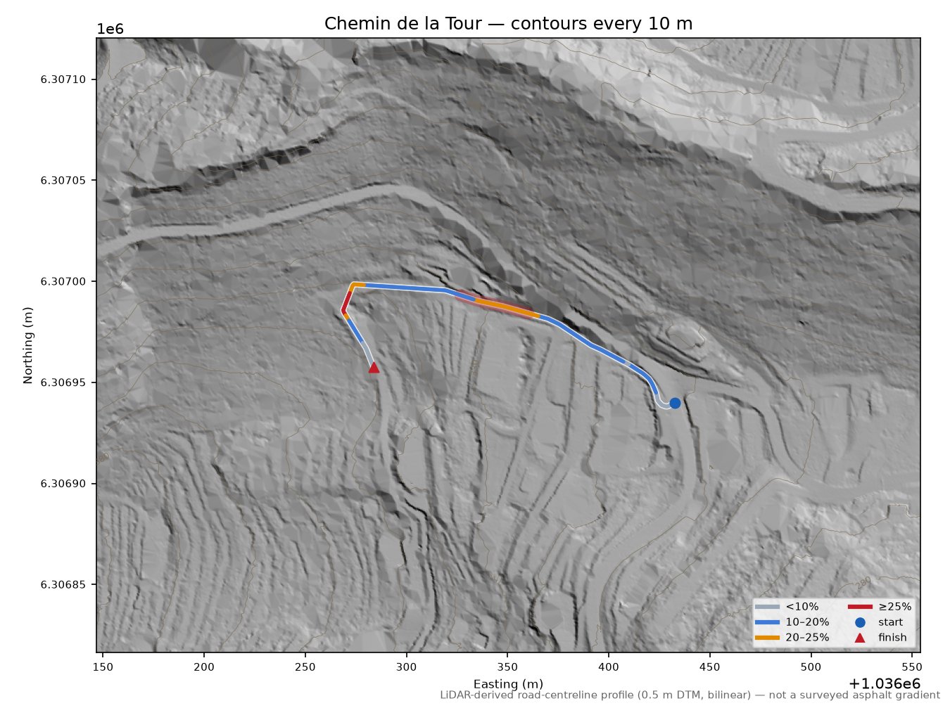 Chemin de la Tour LiDAR hillshade map with contours