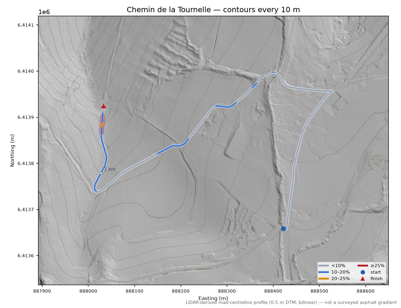 Chemin de la Tournelle LiDAR hillshade map with contours