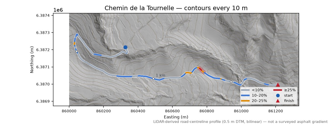Chemin de la Tournelle LiDAR hillshade map with contours