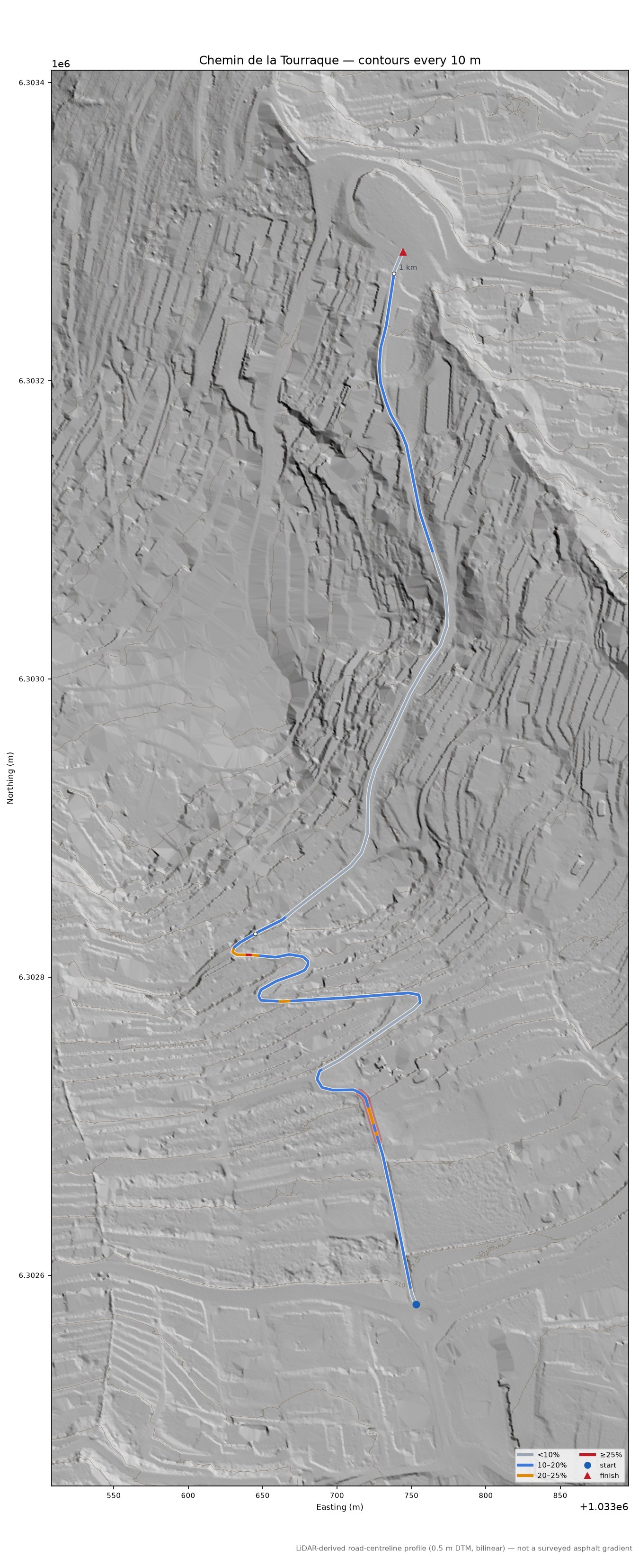 Chemin de la Tourraque LiDAR hillshade map with contours