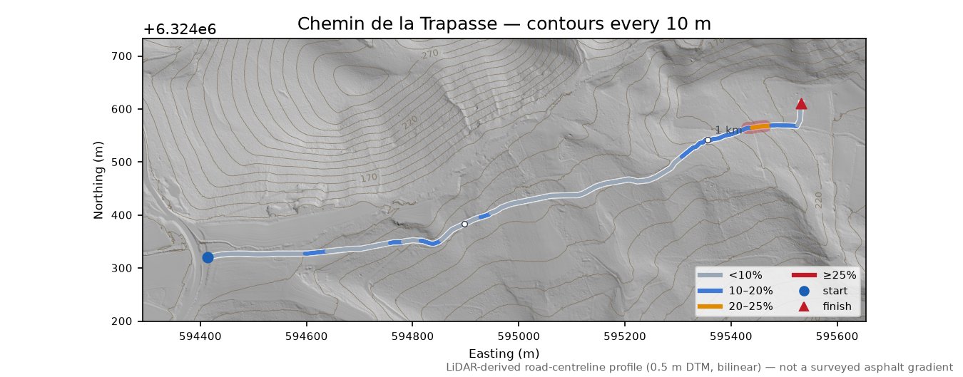 Chemin de la Trapasse LiDAR hillshade map with contours