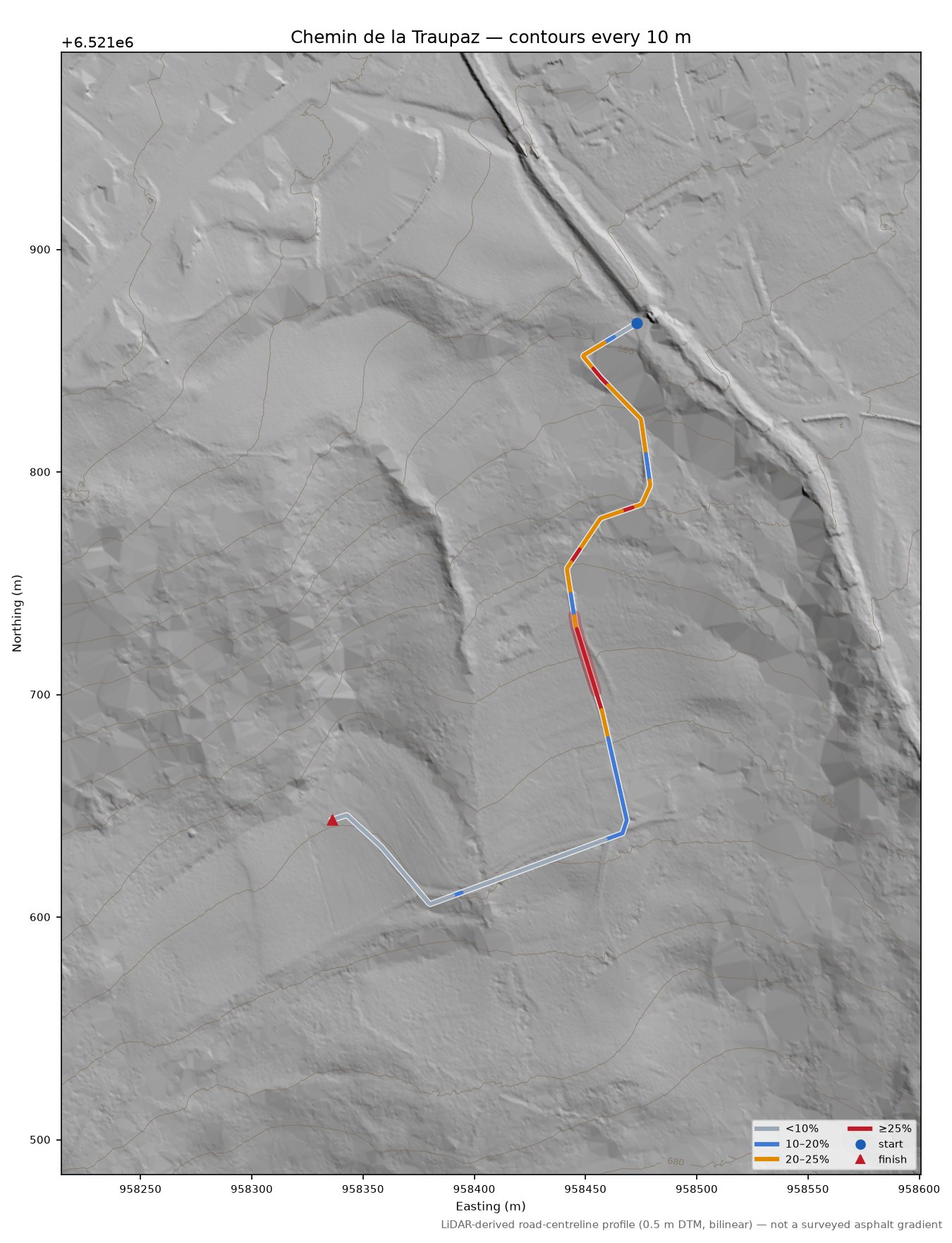 Chemin de la Traupaz LiDAR hillshade map with contours