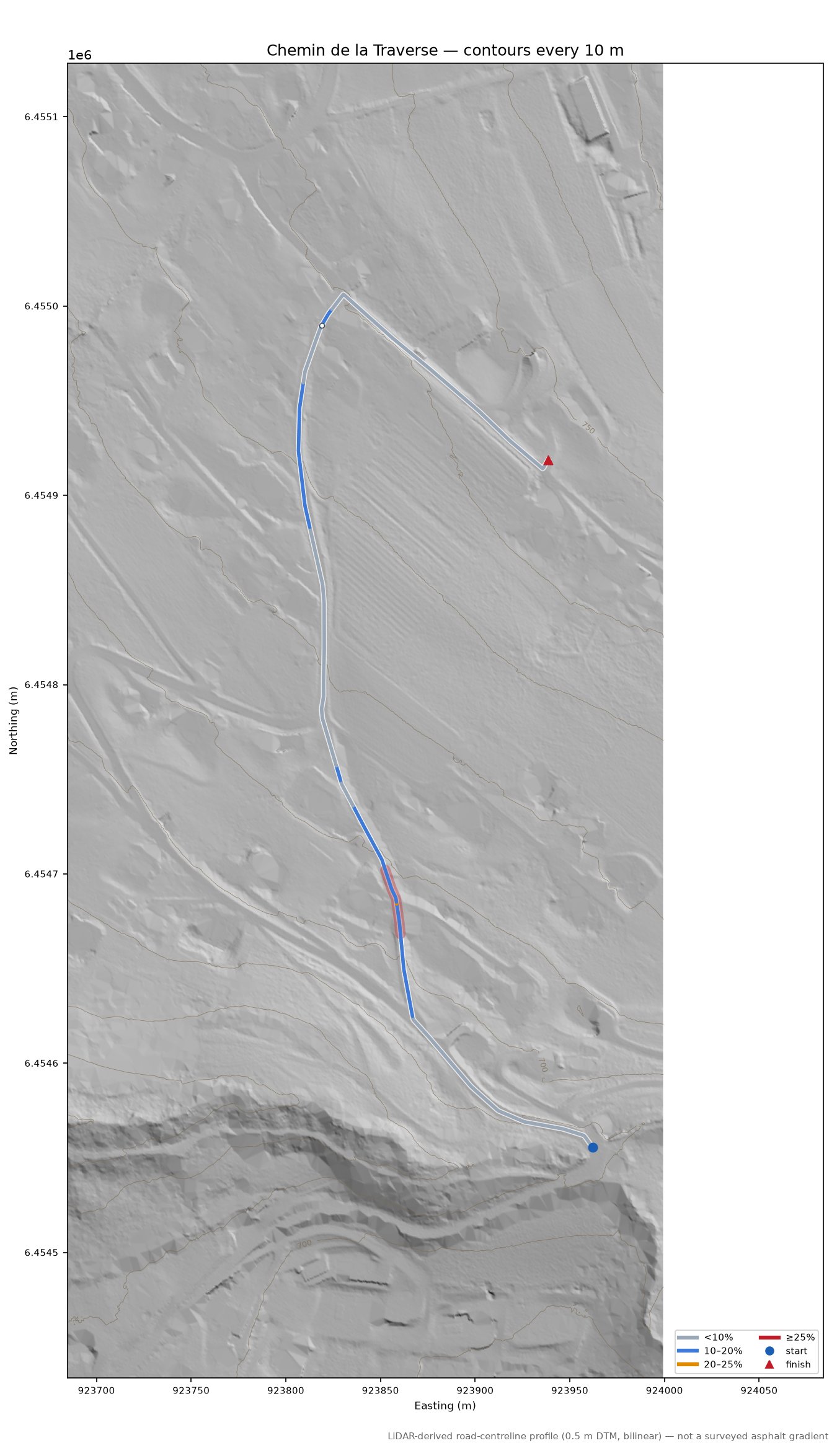 Chemin de la Traverse LiDAR hillshade map with contours