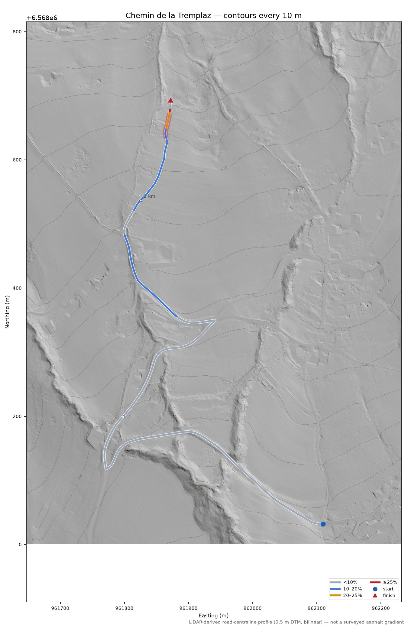 Chemin de la Tremplaz LiDAR hillshade map with contours