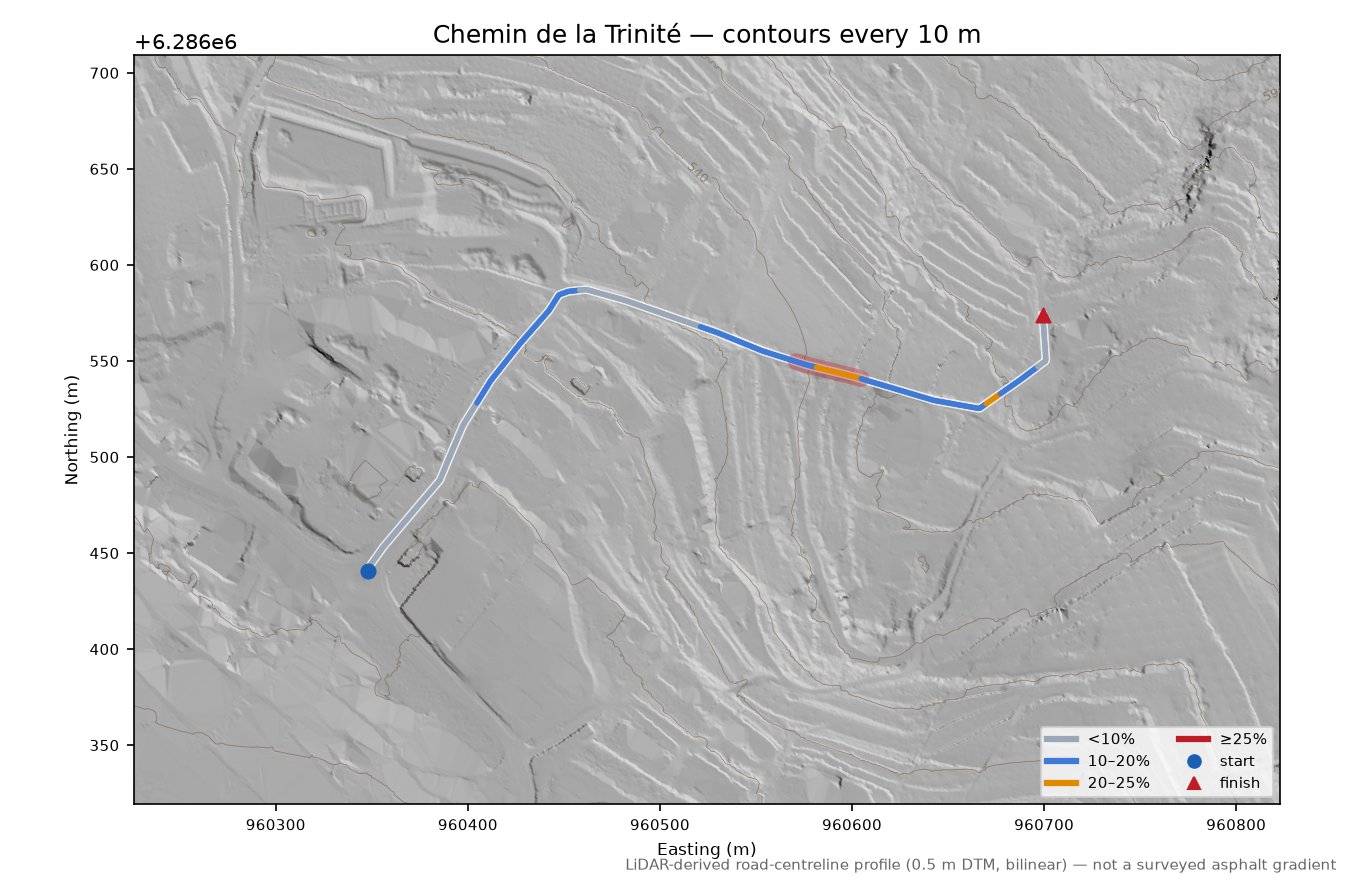 Chemin de la Trinité LiDAR hillshade map with contours