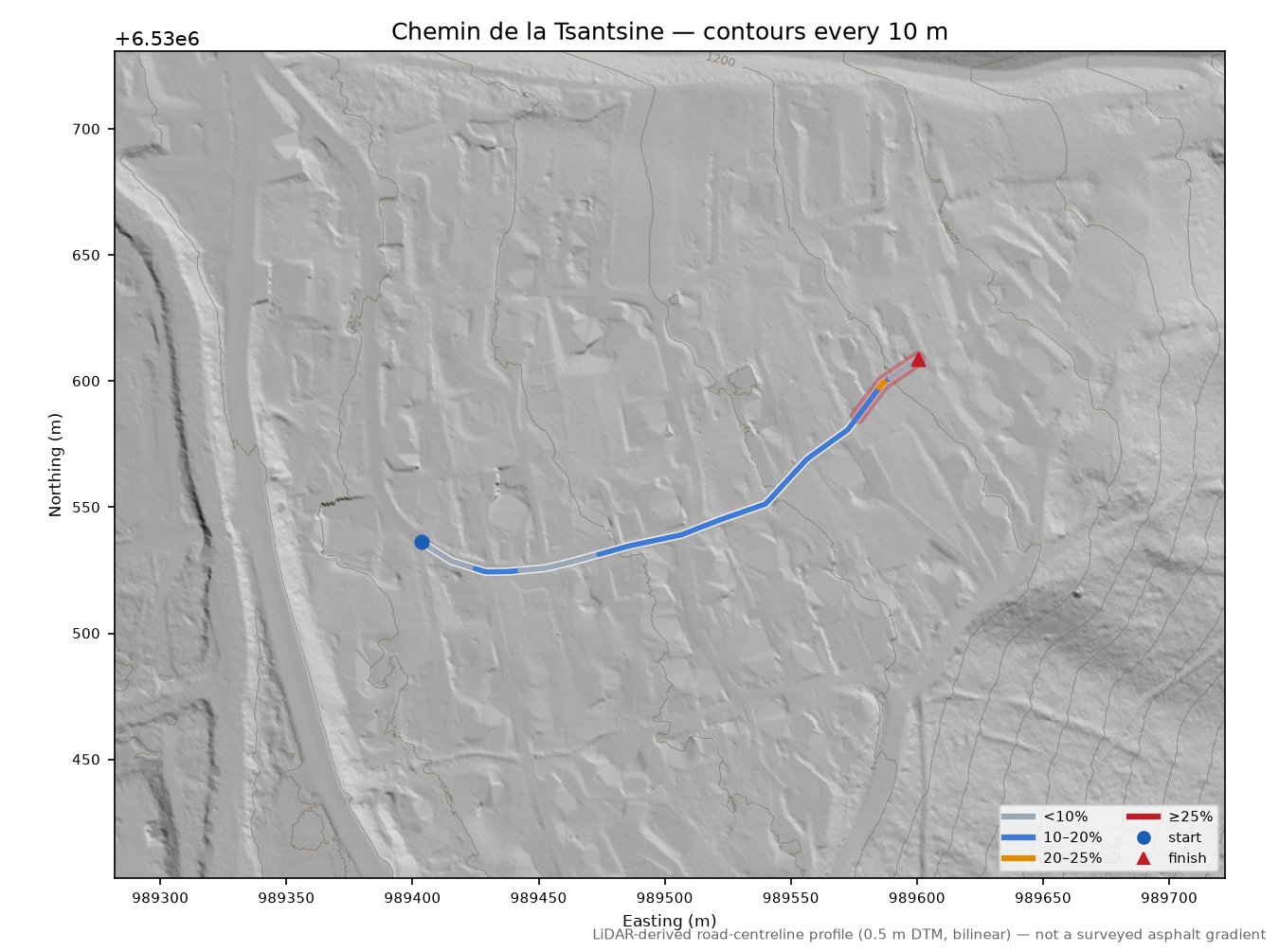 Chemin de la Tsantsine LiDAR hillshade map with contours