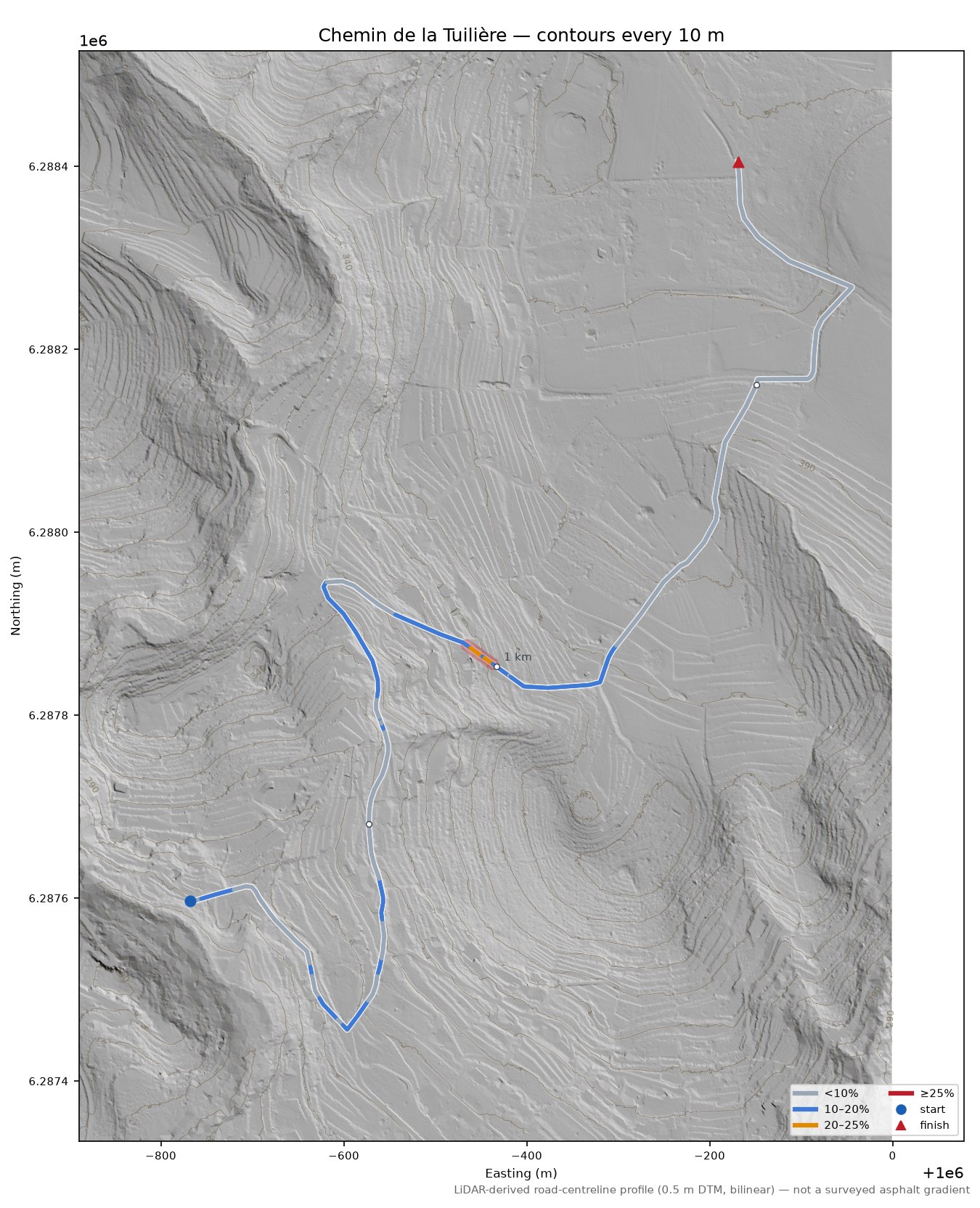 Chemin de la Tuilière LiDAR hillshade map with contours