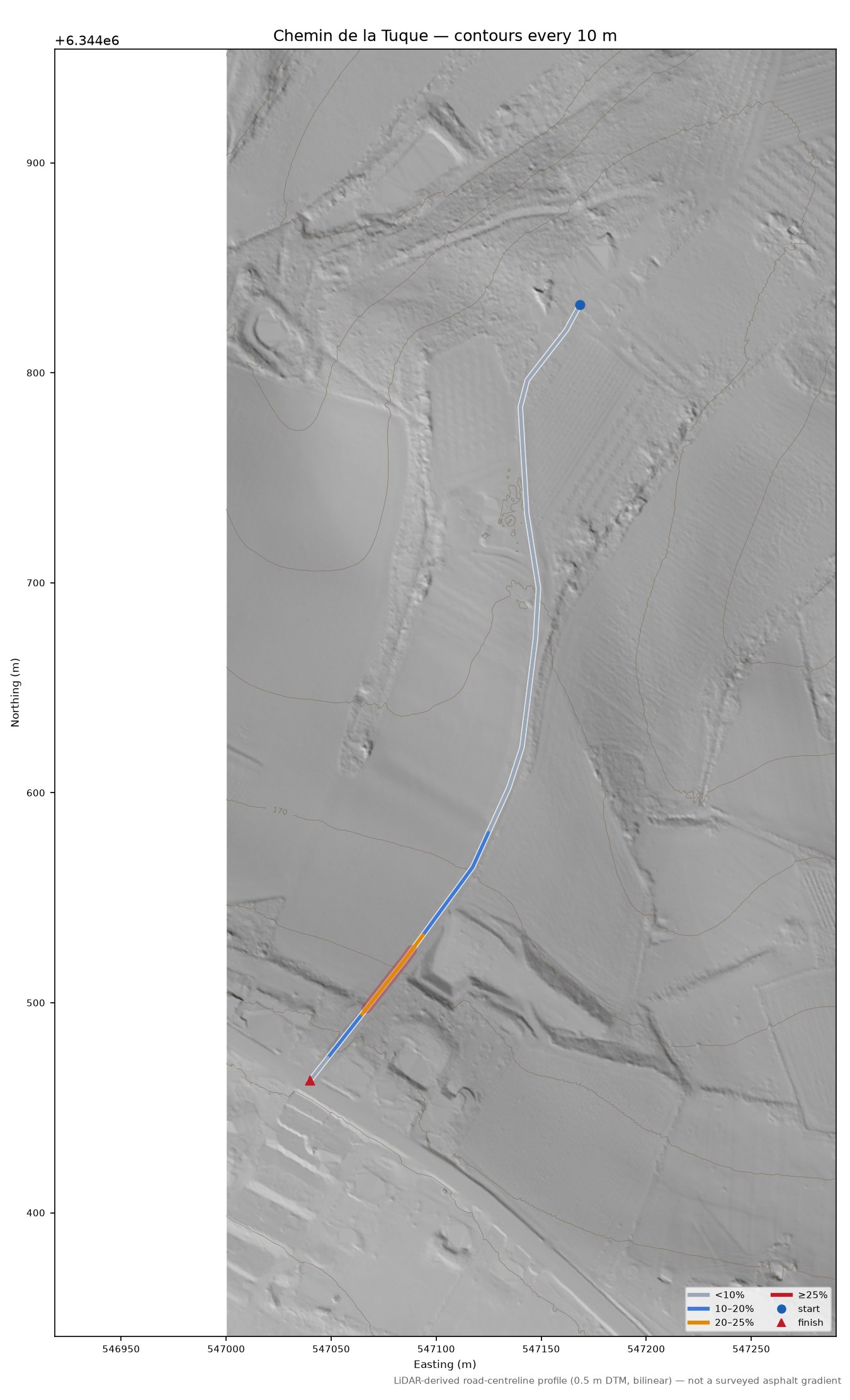 Chemin de la Tuque LiDAR hillshade map with contours