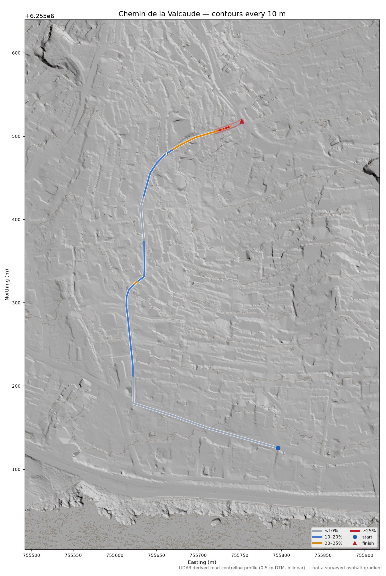 Chemin de la Valcaude LiDAR hillshade map with contours