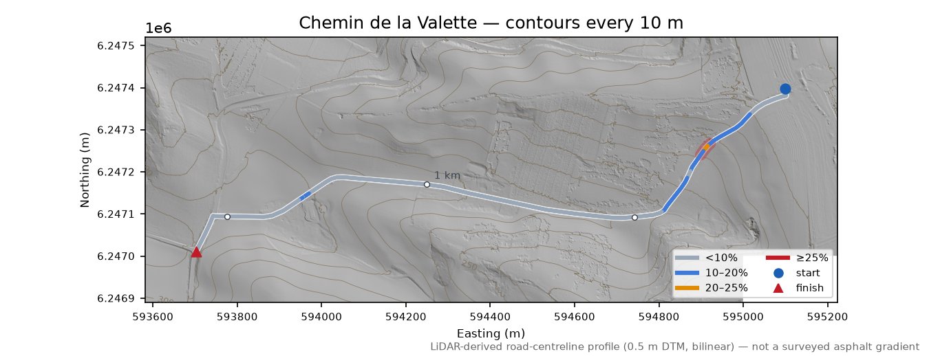 Chemin de la Valette LiDAR hillshade map with contours