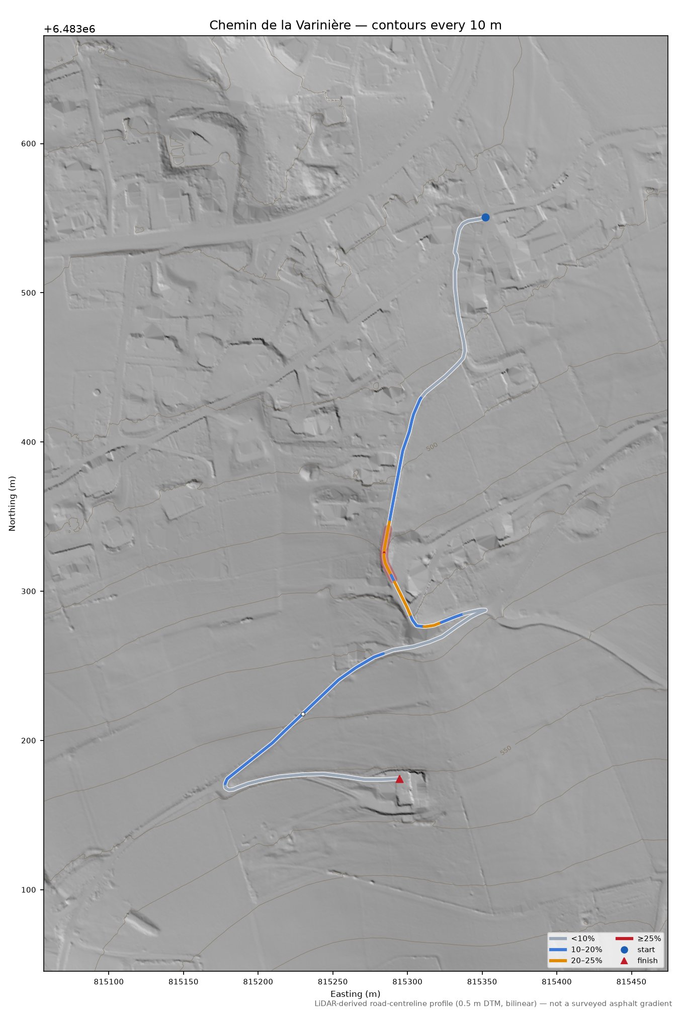 Chemin de la Varinière LiDAR hillshade map with contours