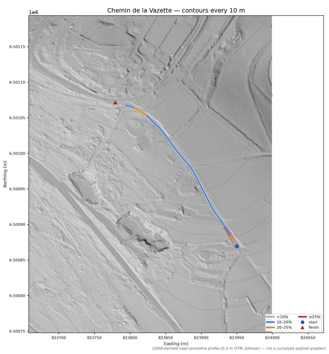 Chemin de la Vazette LiDAR hillshade map with contours