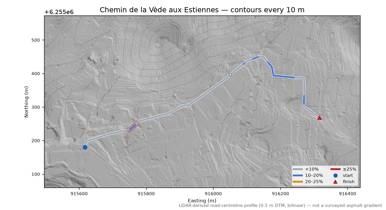 Chemin de la Vède aux Estiennes LiDAR hillshade map with contours