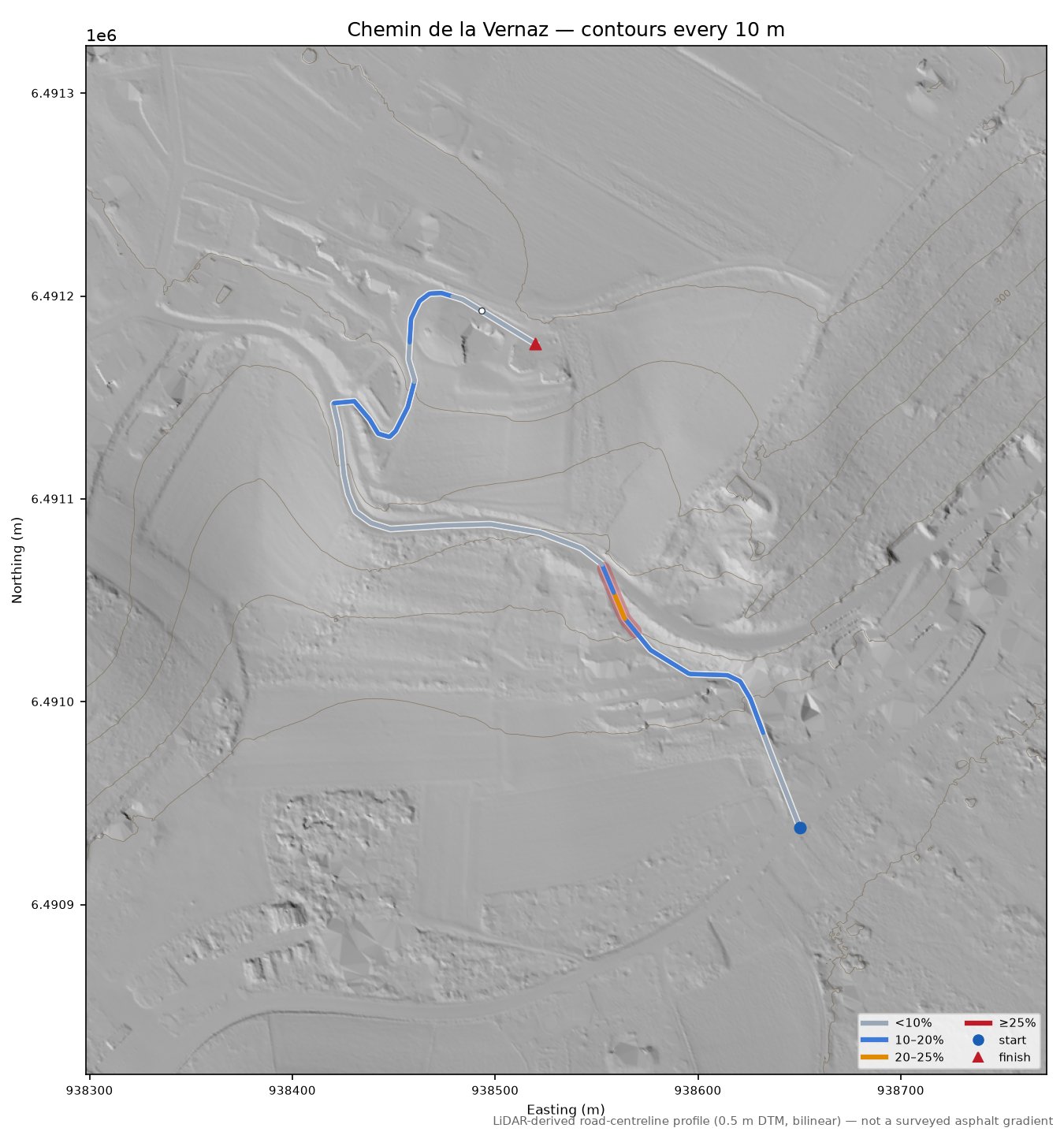 Chemin de la Vernaz LiDAR hillshade map with contours