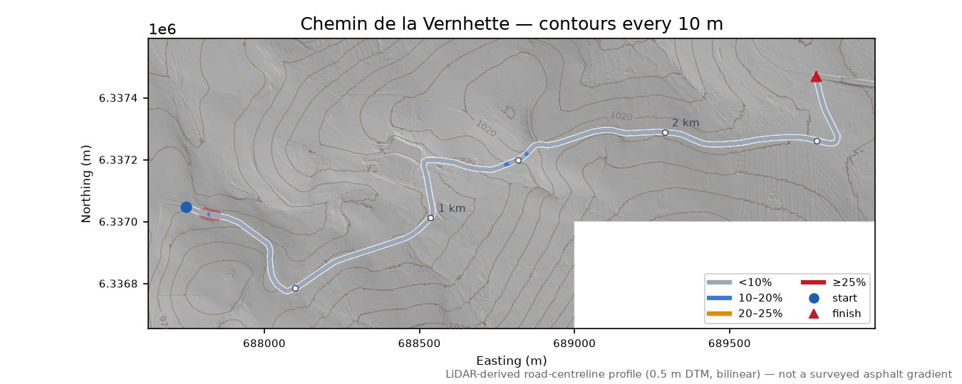 Col de la Vernhette LiDAR hillshade map with contours