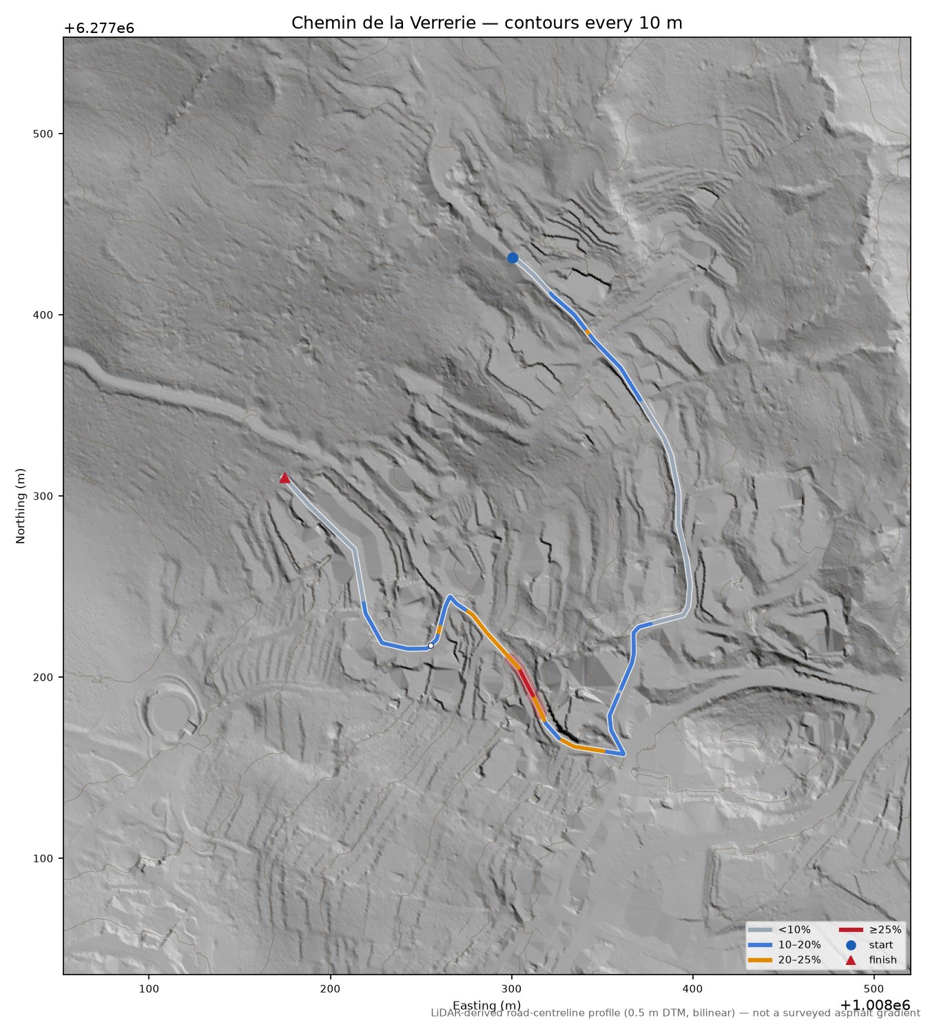 Chemin de la Verrerie LiDAR hillshade map with contours