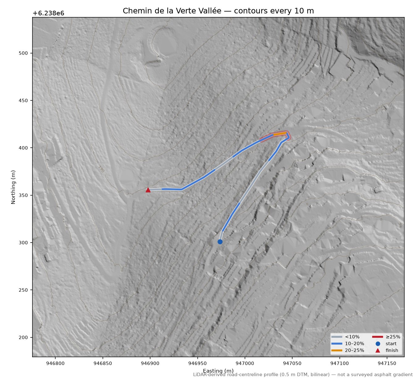 Chemin de la Verte Vallée LiDAR hillshade map with contours