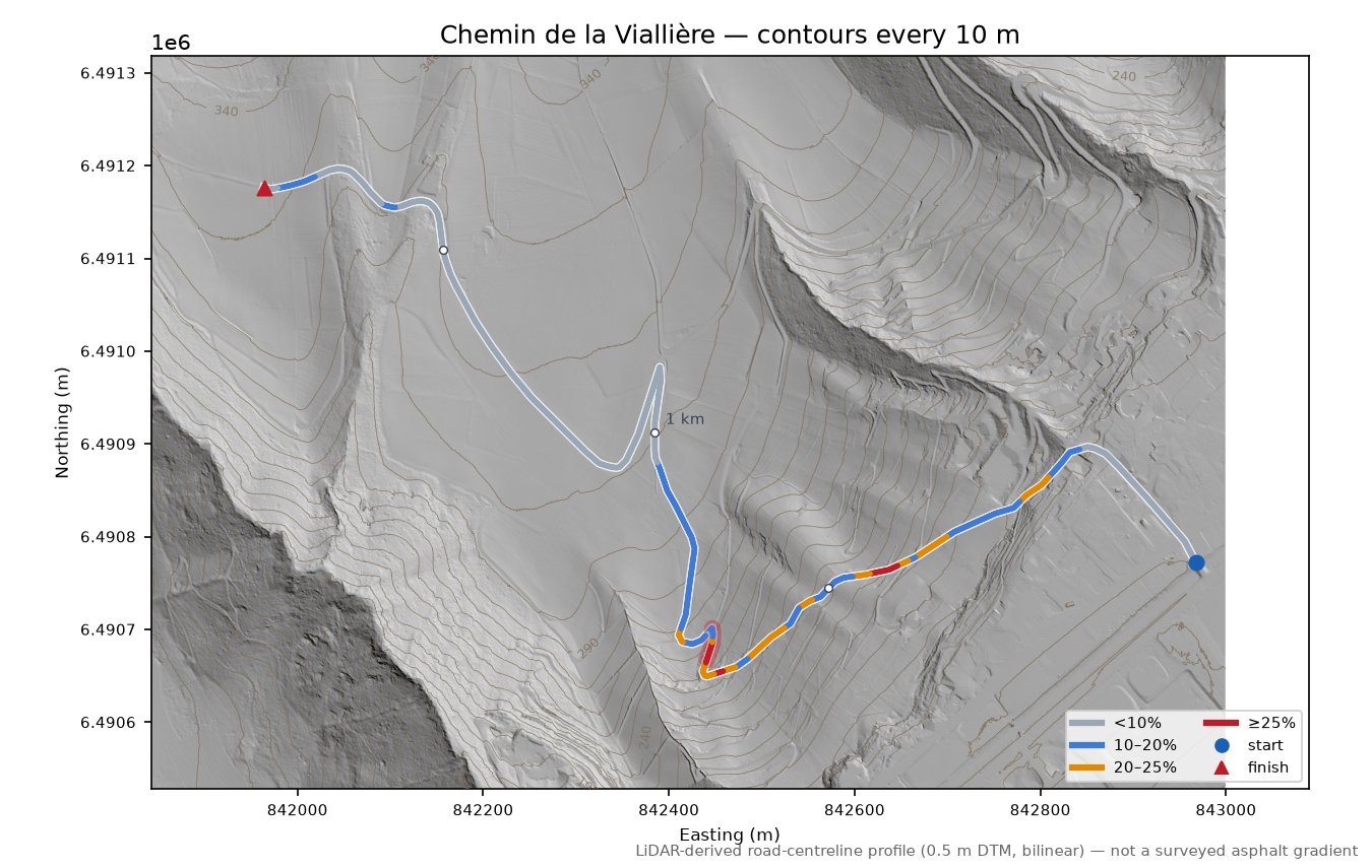 Chemin de la Viallière LiDAR hillshade map with contours