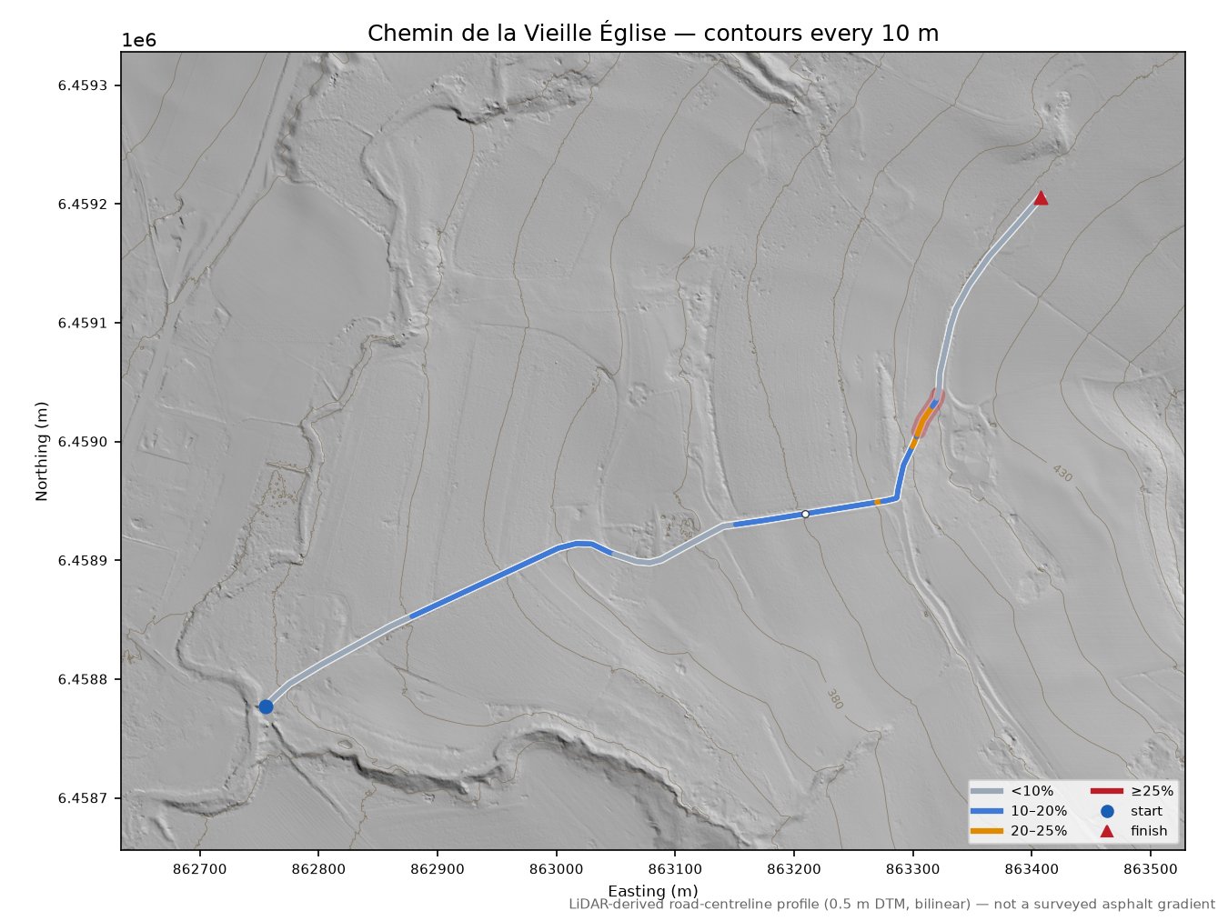 Chemin de la Vieille Église LiDAR hillshade map with contours