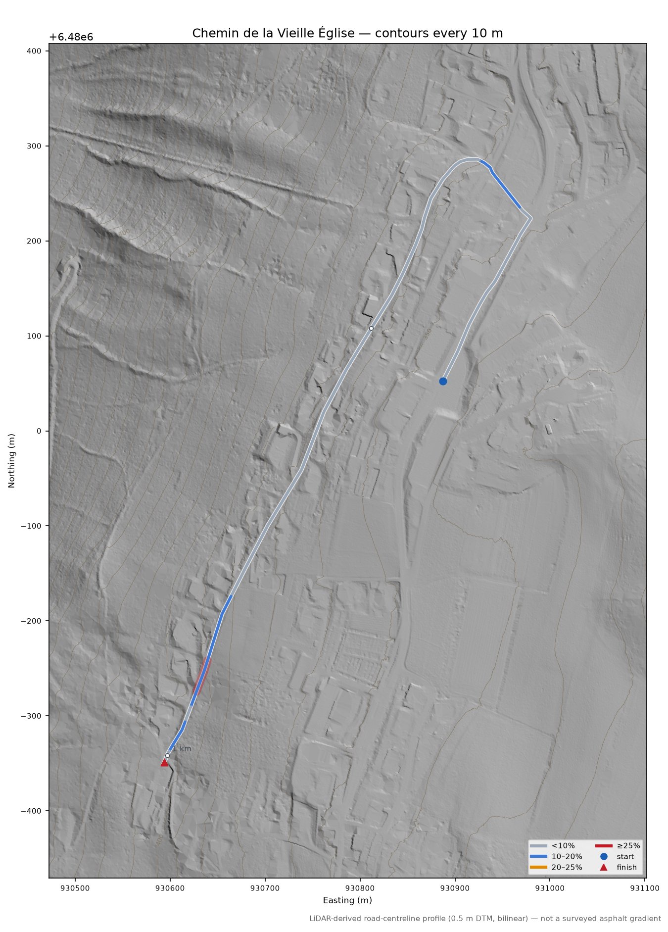 Chemin de la Vieille Église LiDAR hillshade map with contours