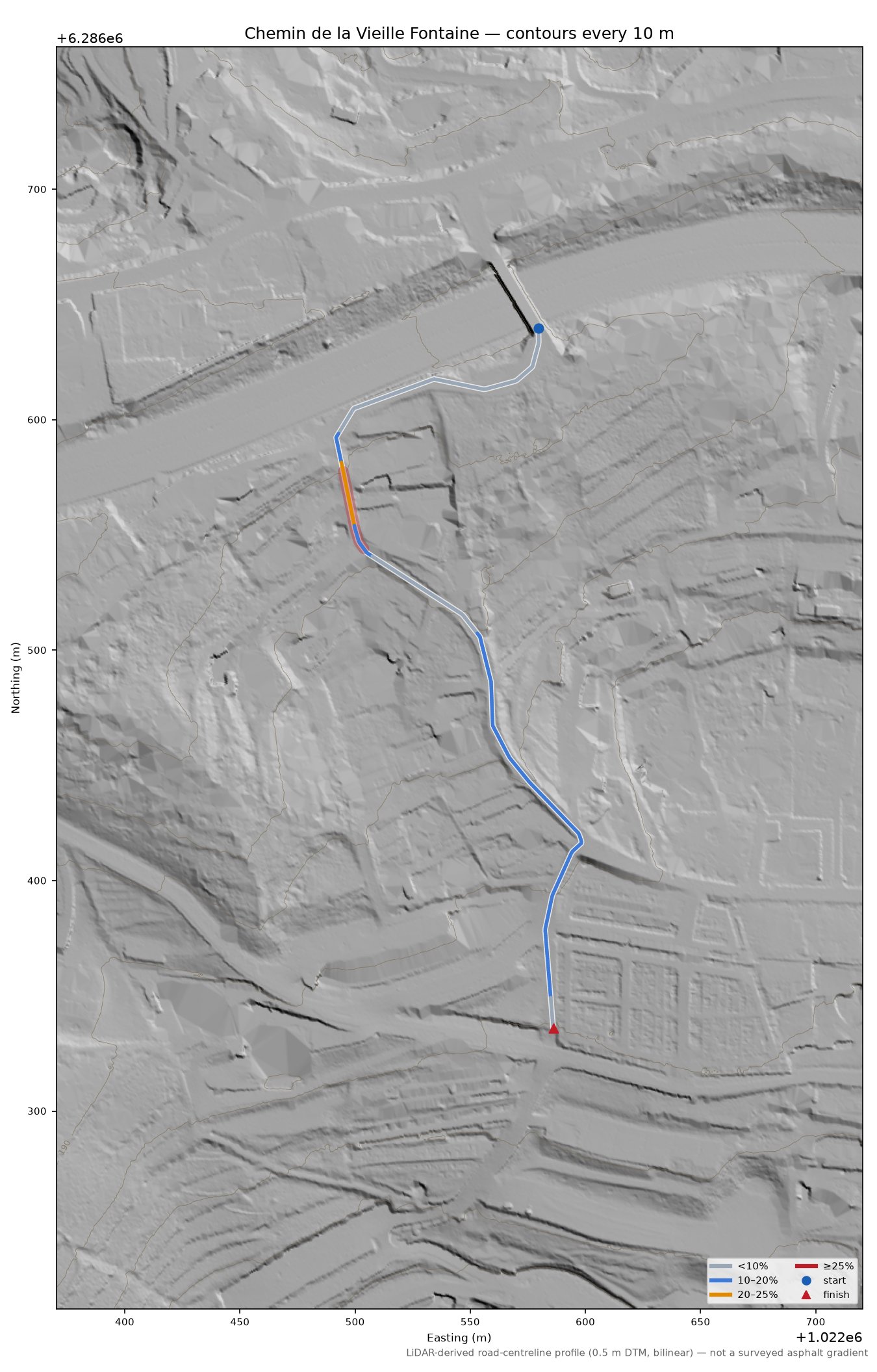 Chemin de la Vieille Fontaine LiDAR hillshade map with contours