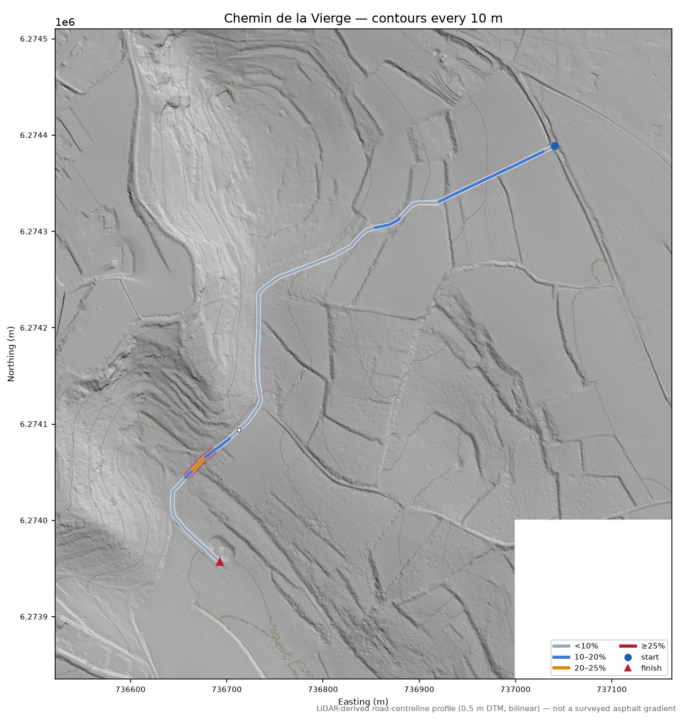 Chemin de la Vierge LiDAR hillshade map with contours