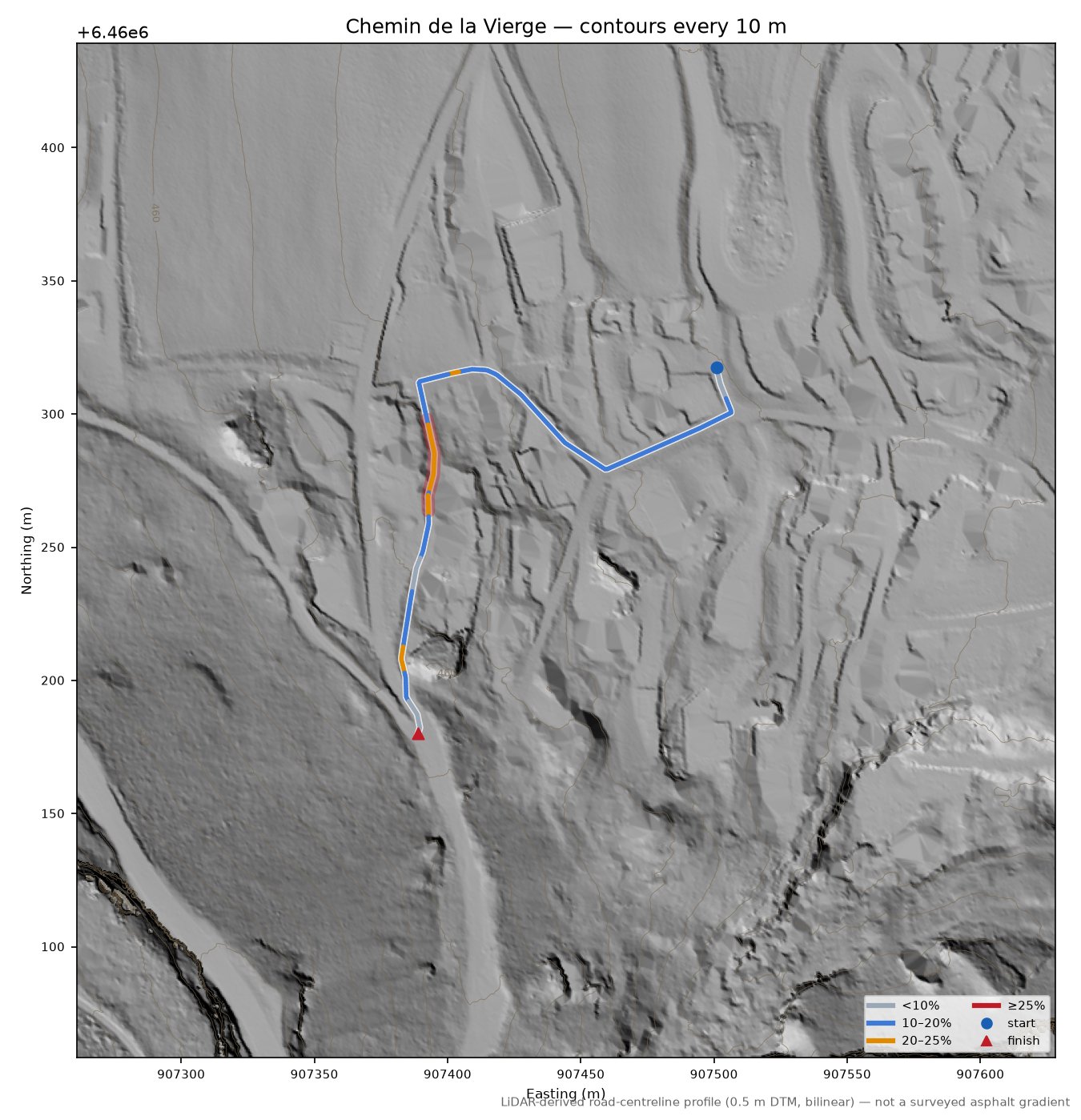 Chemin de la Vierge LiDAR hillshade map with contours