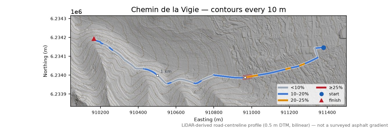 Chemin de la Vigie LiDAR hillshade map with contours