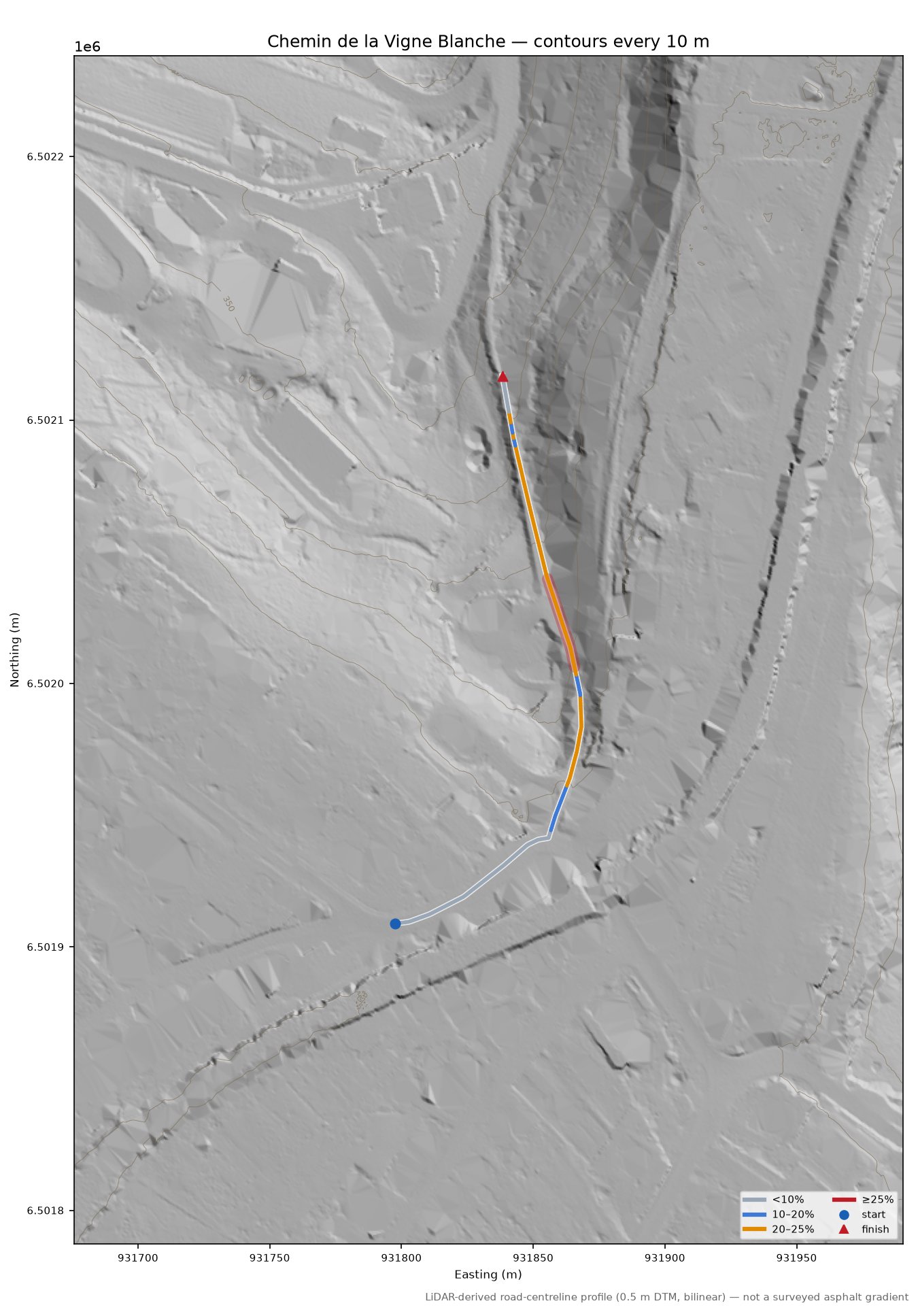 Chemin de la Vigne Blanche LiDAR hillshade map with contours