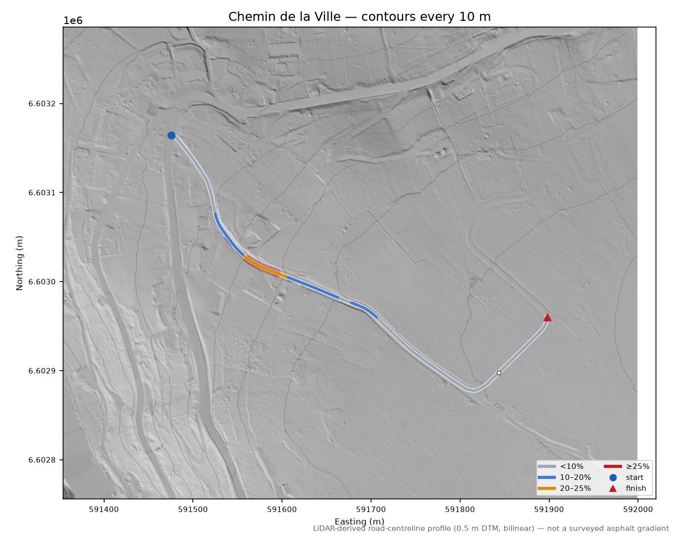 Chemin de la Ville LiDAR hillshade map with contours