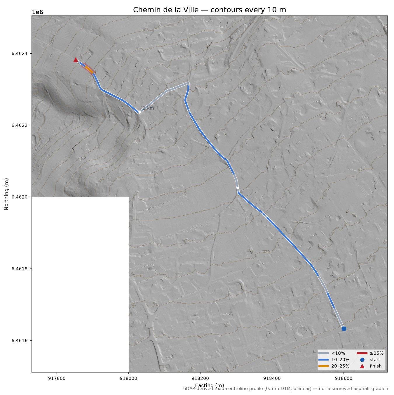 Chemin de la Ville LiDAR hillshade map with contours