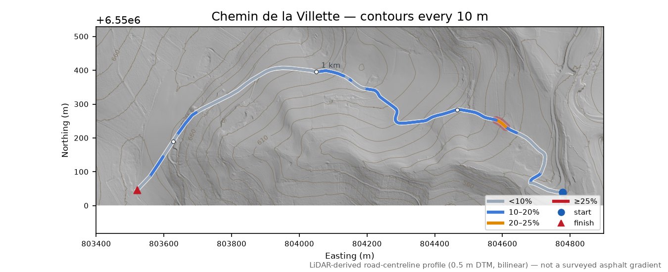 Chemin de la Villette LiDAR hillshade map with contours
