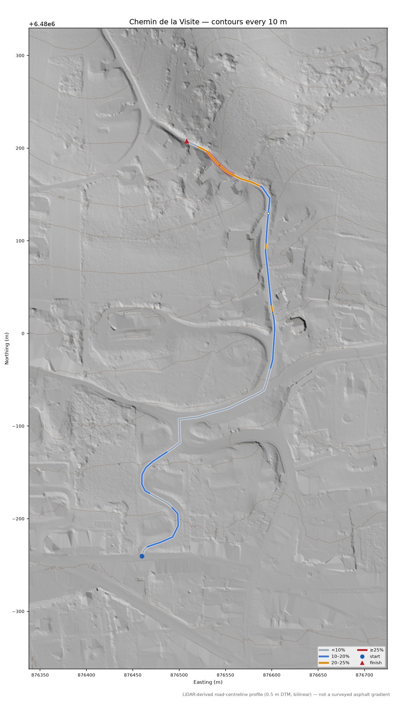 Chemin de la Visite LiDAR hillshade map with contours