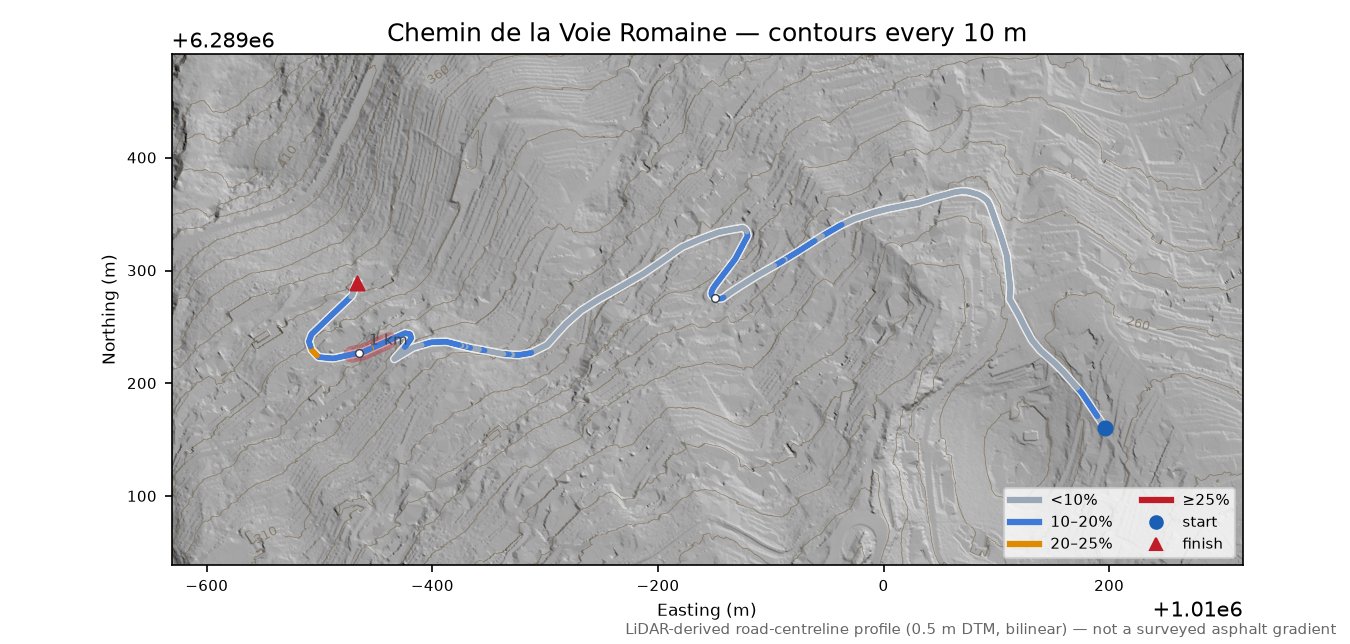 Chemin de la Voie Romaine LiDAR hillshade map with contours