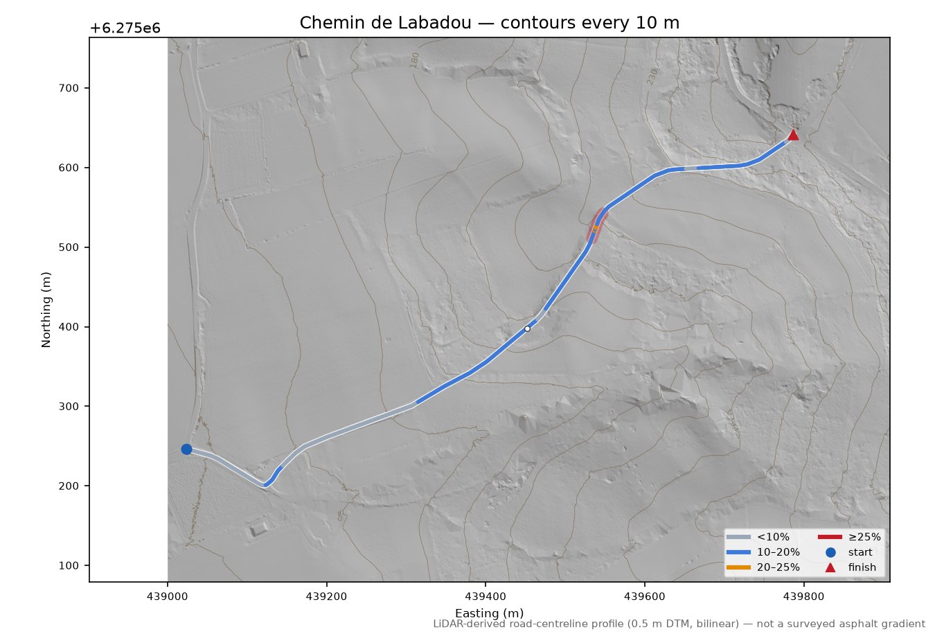 Chemin de Labadou LiDAR hillshade map with contours