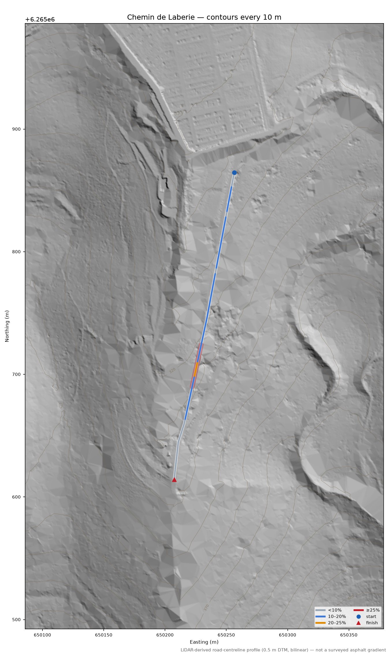 Chemin de Laberie LiDAR hillshade map with contours